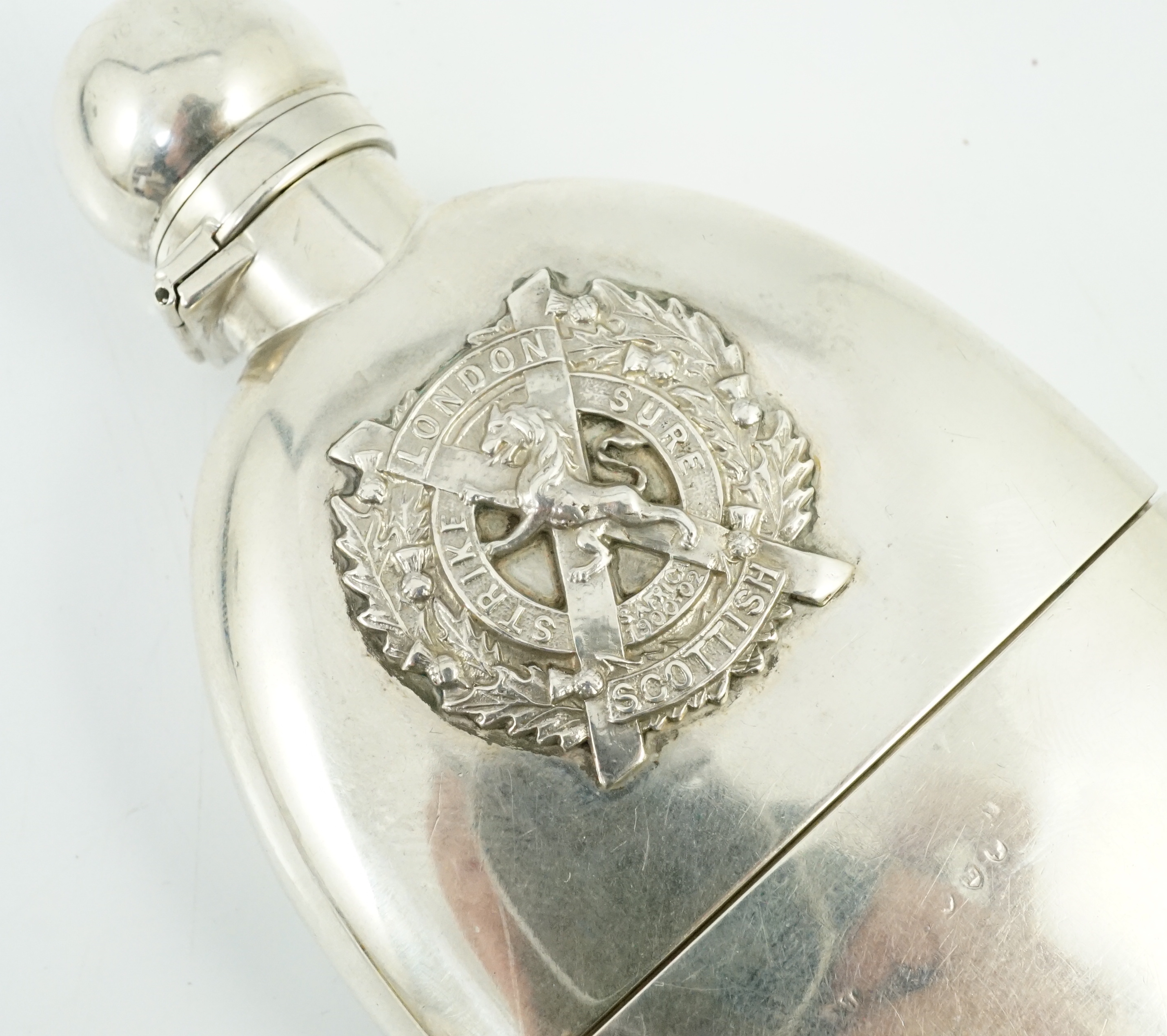 The London Scottish Rifles. A Victorian silver hip flask, Frederick Bradford McCrea, London, 1886